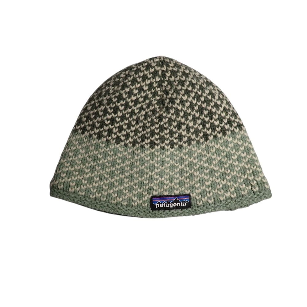 Patagonia Chunky Beanie Two Tone Green Cream Wool Knit Fleece Lined Warm Outdoor